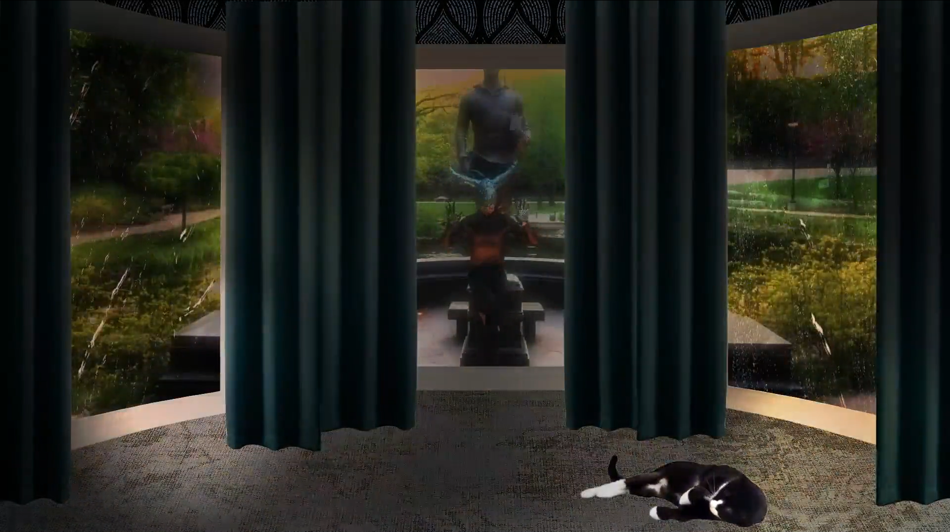 Interior view through teal curtains to a rainy park scene. Two figures stand on a fountain, one with glowing blue antlers. A black and white cat sleeps on the patterned carpet.